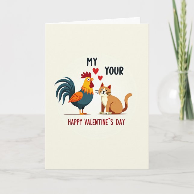 Cute Rooster Cat Valentines Day Card Kort (Framsida)