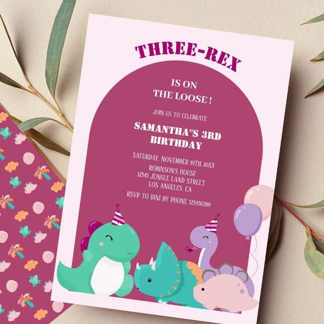 Cute rosa, 3:e dinosaurifödelsedag inbjudningar (Skapare uppladdad)