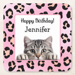 Cute Rosa Adsible Cat Birthday Papper Underlägg Kvadrat