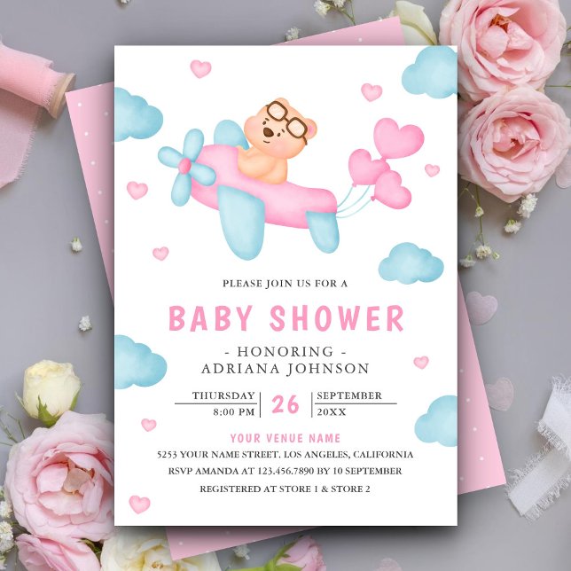 Cute Rosa Airplane Girl Nalle Baby Shower Inbjudningar (Skapare uppladdad)