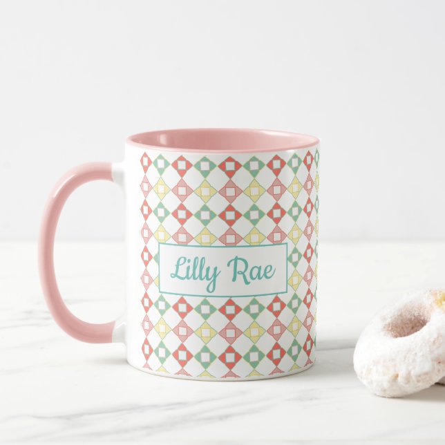 Cute Rosa and Blue Abstrakt Geometric Mönster Girl Mugg (Med munk)