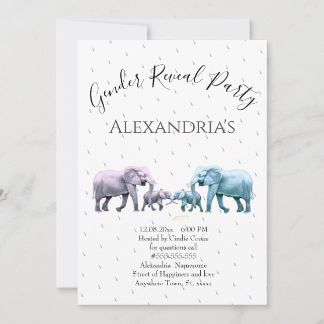 Cute Rosa and Blue Elephant Gender Reveal Inbjudningar (Framsida)
