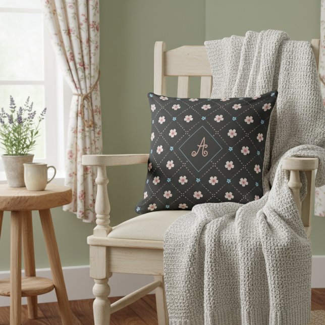 Cute Rosa and Blue Flower Play Mönster on Black Kudde (Skapare uppladdad)