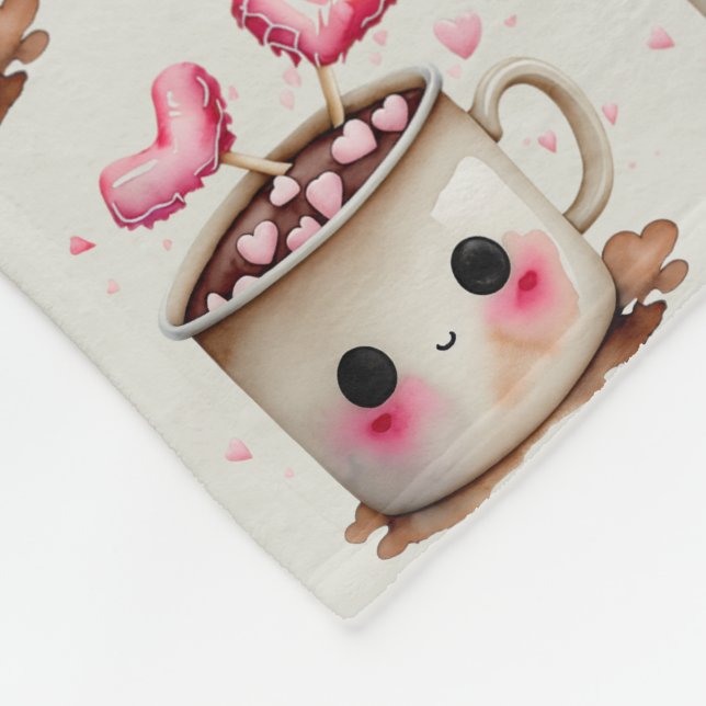 Cute Rosa and Cream Watercolor Hett Cocoa Mönster Fleecefilt (Hörn)