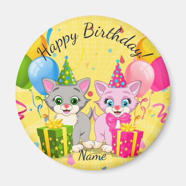 Cute Rosa and Grått Birthday Kitten Tecknads Magnet (Framsidan)