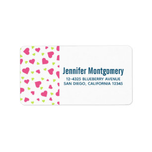 Cute Rosa and Grönt Tumbling Hearts Mönster Adressetikett