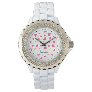 Cute Rosa and Grönt Tumbling Hearts Mönster Armbandsur