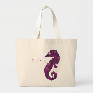 Cute Rosa and Lila Fractal Seahorse with Namn Jumbo Tygkasse