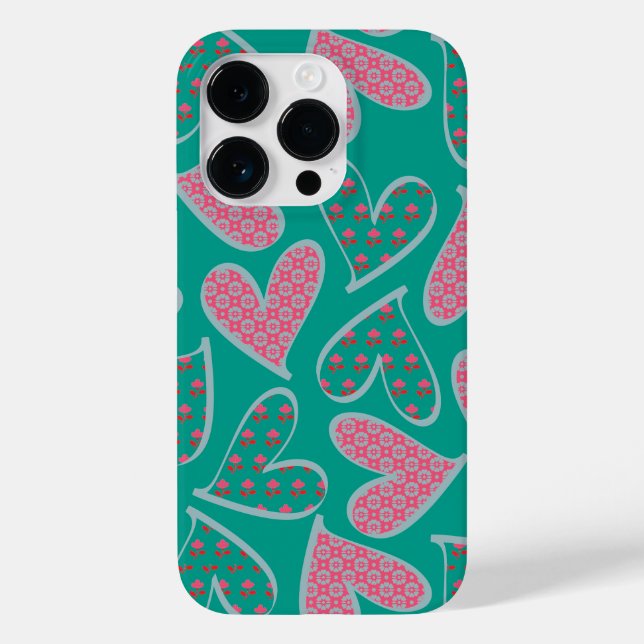 Cute Rosa and Teal Blommigt Hearts Mönster (Baksida)