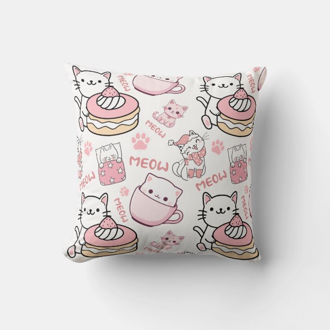 Cute Rosa and White Cat Lovers Pillow Kudde (Framsida)