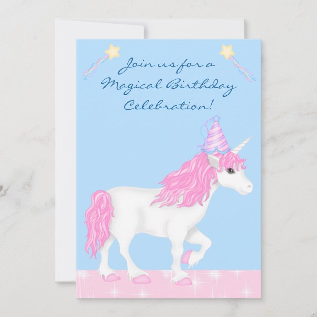 Cute Rosa and White Unicorn Girls Magic Birthday Inbjudningar (Framsida)