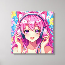 Cute Rosa Anime Girl med hörlurar Canvastryck