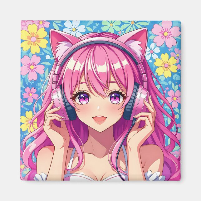 Cute Rosa Anime Girl med hörlurar Magnet (Framsidan)