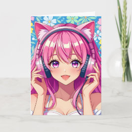 Cute Rosa Anime Girl med hörlurar på födelsedagen Kort