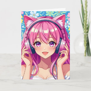 Cute Rosa Anime Girl med hörlurar på födelsedagen Kort
