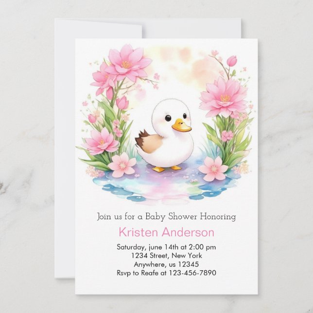 Cute Rosa Anka Girl Baby Shower Inbjudningar (Framsida)