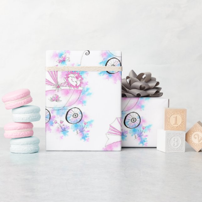 Cute Rosa Aqua Mauve Watercolor Baby i Pram Presentpapper (Baby Shower)