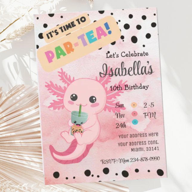 Cute Rosa Axolotl Boba Tea Birthday Call Inbjudningar (Skapare uppladdad)