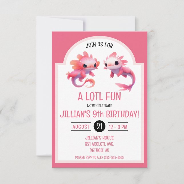 Cute Rosa Axolotl Födelsedagsfest Inbjudningar (Framsida)