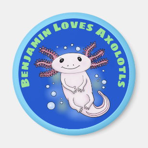 Cute rosa axolotl med blå bubblor tecknad till hus magnet
