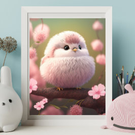 Cute Rosa Baby Bird på Träd Blommigt Art Nursery Poster