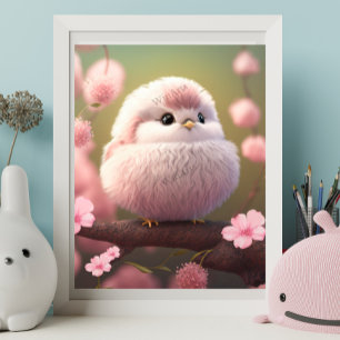Cute Rosa Baby Bird på Träd Blommigt Art Nursery Poster