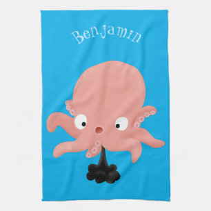 Cute rosa baby bläckfisk tecknad humor kökshandduk