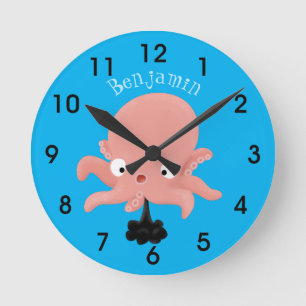 Cute rosa baby bläckfisk tecknad humor rund klocka