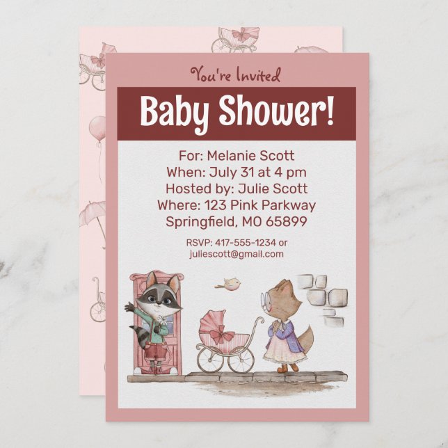 Cute Rosa Baby Buggy Baby Shower Inbjudningar (Fram/baksida)
