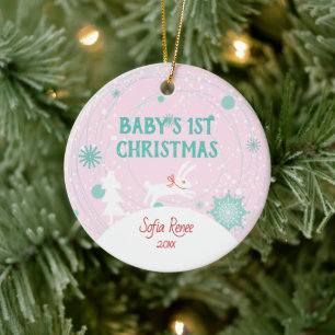 Cute Rosa Baby Bunny 1:a jul-Personligen Julgransprydnad Keramik