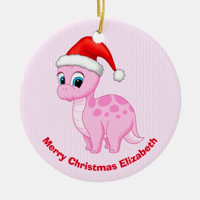 Cute Rosa Baby Dinosaur med Santa Hat Julgransprydnad Keramik (Framsidan)