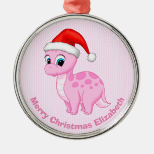 Cute Rosa Baby Dinosaur med Santa Hat Julgransprydnad Metall