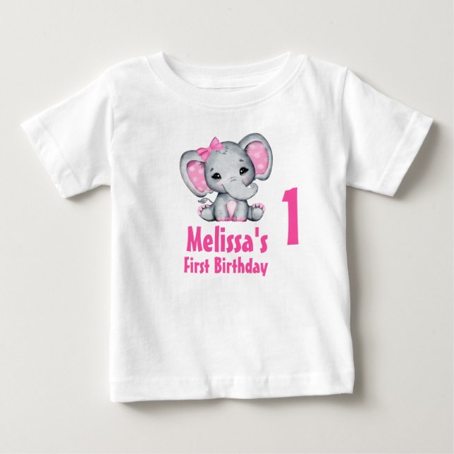 Cute Rosa Baby Elephant First Birthday T Shirt (Framsida)