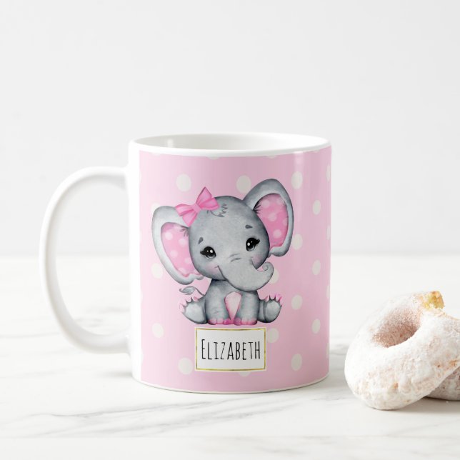 Cute Rosa Baby Elephant med Polka Dot Öron Kaffemugg (Med munk)