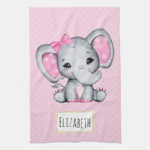 Cute Rosa Baby Elephant med Polka Dot Öron Kökshandduk