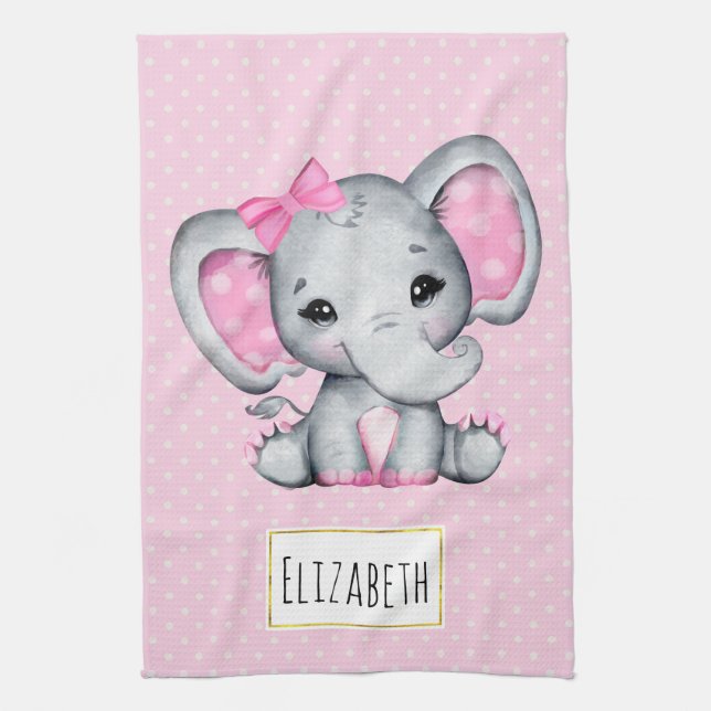 Cute Rosa Baby Elephant med Polka Dot Öron Kökshandduk (Vertikal)