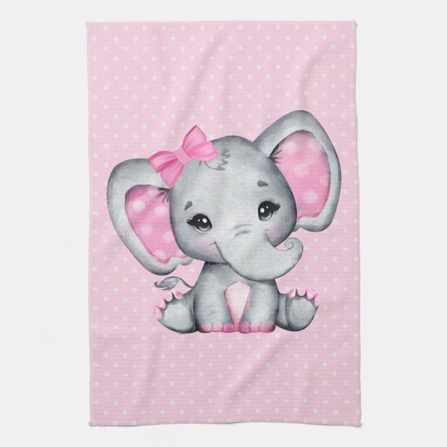 Cute Rosa Baby Elephant med Polka Dot Öron Kökshandduk (Vertikal)