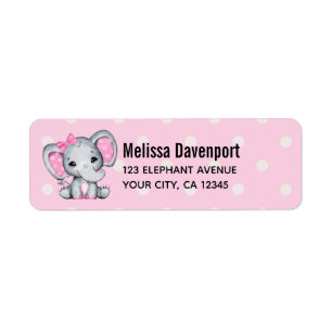 Cute Rosa Baby Elephant med Polka Dot Öron Returadress Etikett