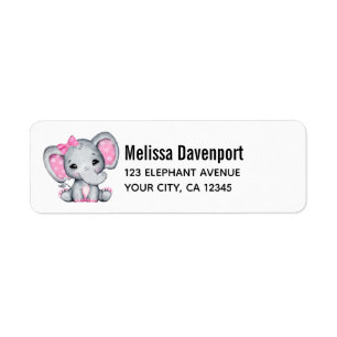Cute Rosa Baby Elephant med Polka Dot Öron Returadress Etikett