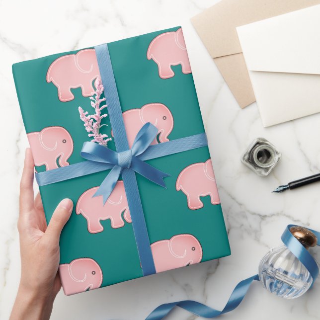 Cute Rosa Baby Elephant Mönster Grönt Presentpapper (Gifting)