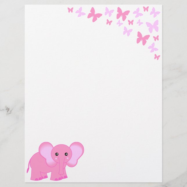 Cute Rosa Baby Elephant och Butterflies Letterhead (Framsida)