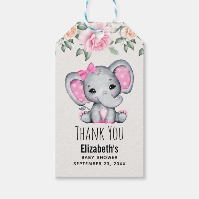 Cute Rosa Baby Elephant och Ro Baby Shower Presentetikett (Framsidan)