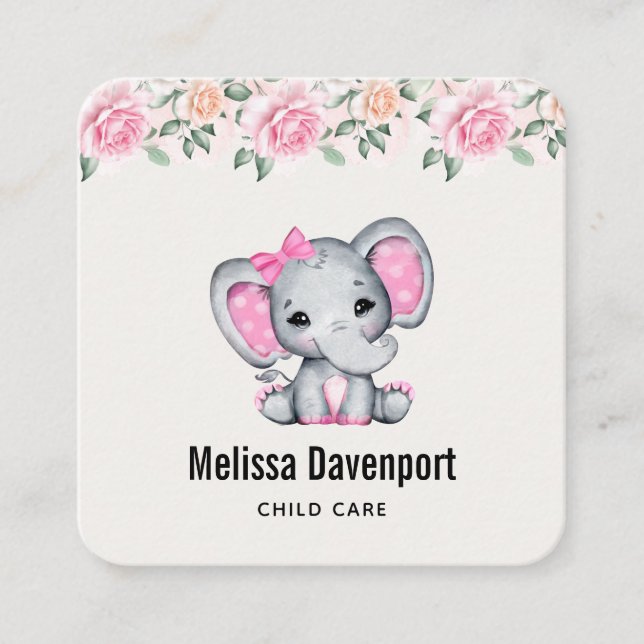 Cute Rosa Baby Elephant och Ro Gräns Fyrkantigt Visitkort (Framsida)