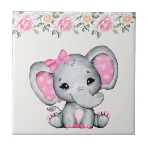 Cute Rosa Baby Elephant och Ro Gräns Kakelplatta