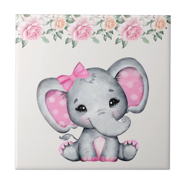Cute Rosa Baby Elephant och Ro Gräns Kakelplatta (Framsidan)