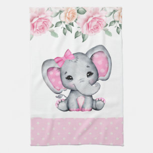 Cute Rosa Baby Elephant och Ro Gräns Kökshandduk