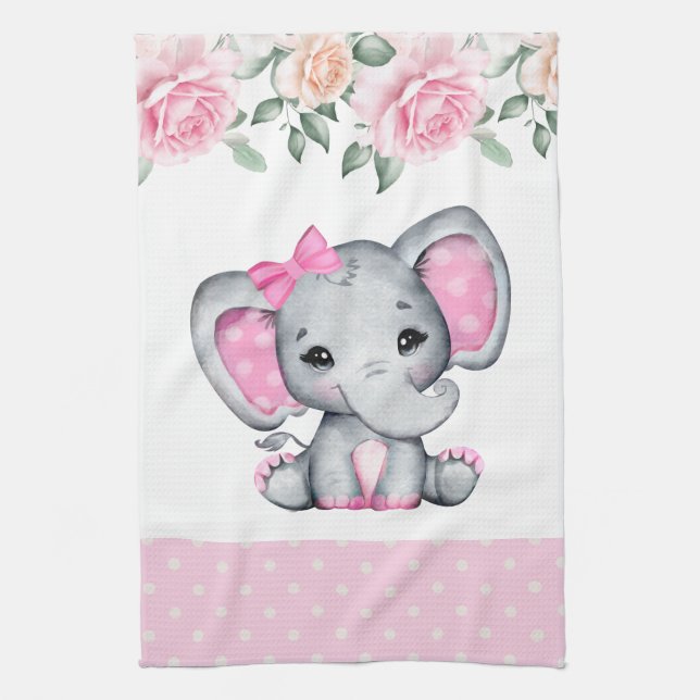 Cute Rosa Baby Elephant och Ro Gräns Kökshandduk (Vertikal)