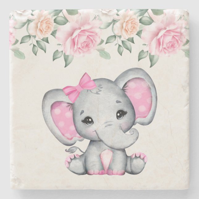 Cute Rosa Baby Elephant och Ro Gräns Stenunderlägg (Framsidan)