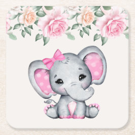 Cute Rosa Baby Elephant och Ro Gräns Underlägg Papper Kvadrat