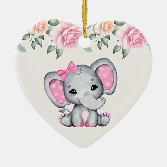 Cute Rosa Baby Elephant och Rosor Gräns Julgransprydnad Keramik (Framsidan)